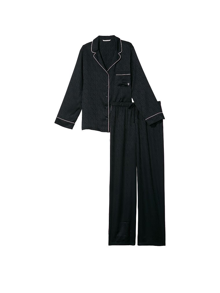 Satin Long Pajama Set, Black Logo Jacquard, large
