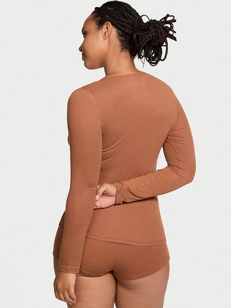 Ribbed Modal Scoop Long-sleeve Shortie Set, Caramel, large