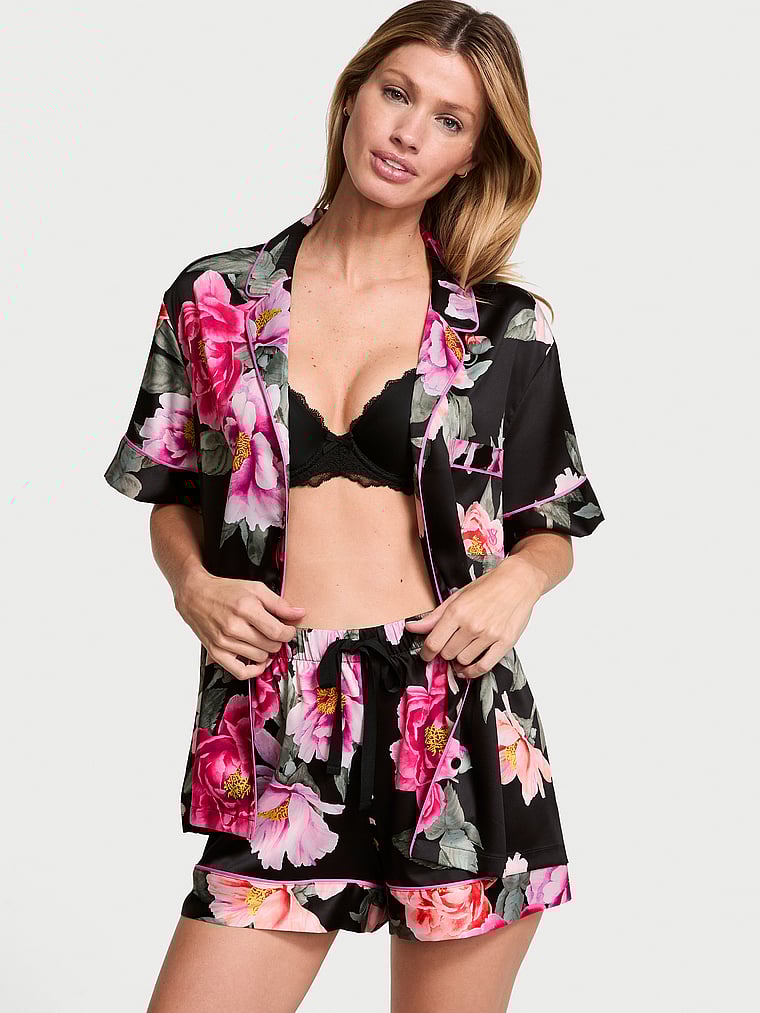 Pigiama Corto In Raso Satinato, Black Floral Bouquet, large