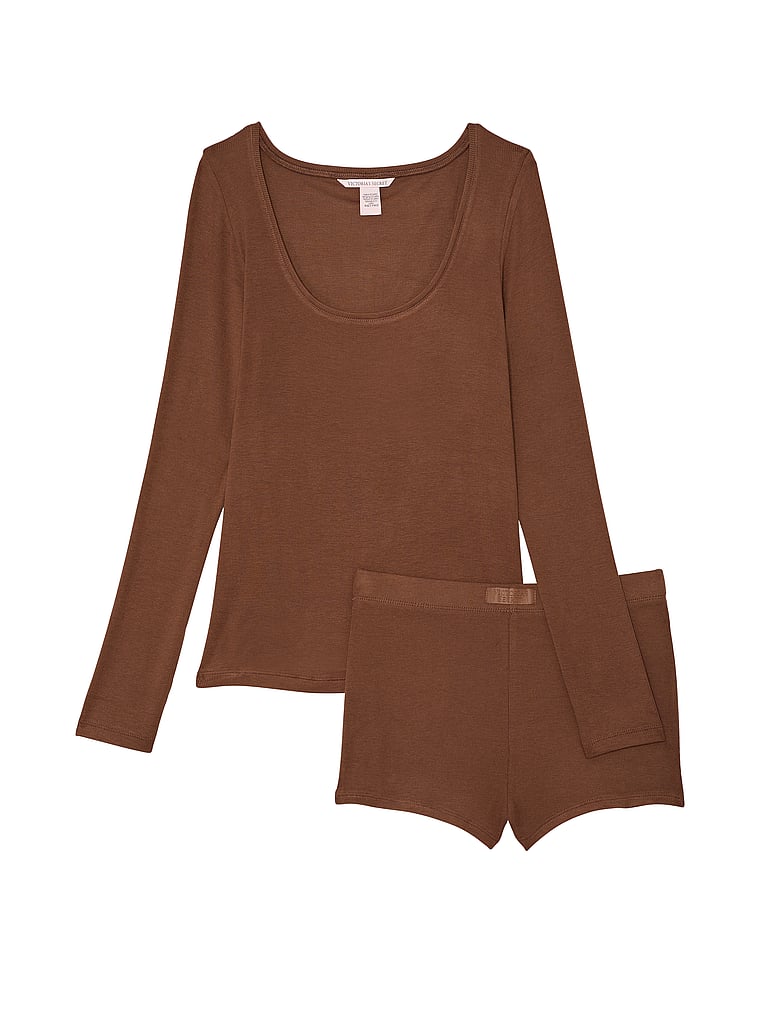 Ribbed Modal Scoop Long-sleeve Shortie Set, Mousse, large