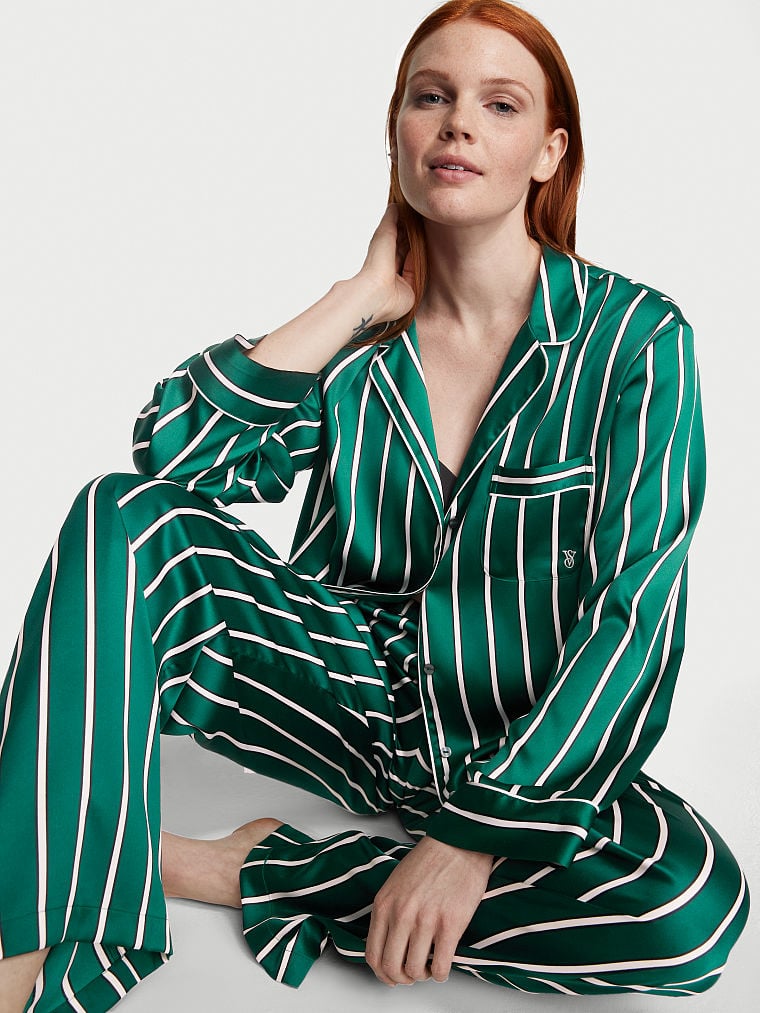 Pigiama Lungo In Raso, Deepest Green Stripe, large