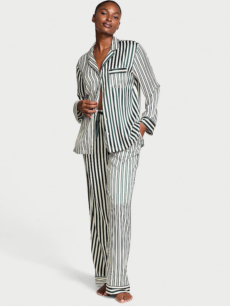Glazed Satin Long Pajama Set, IconicStrpe, large