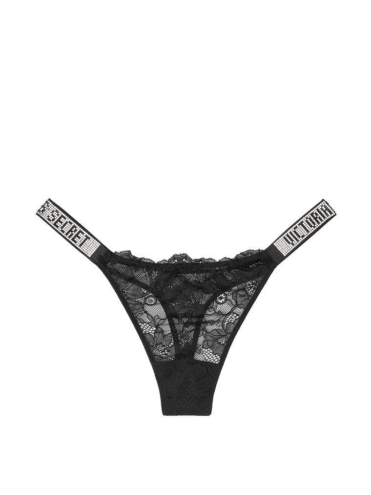 Tanga In Pizzo Con Fianchetto Di Strass, Black, large