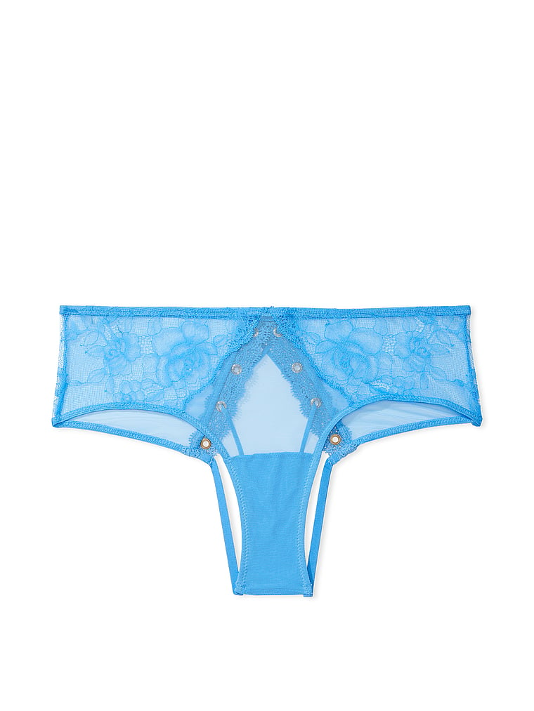 Slip Sgambato Aperto Sul Retro Con Dettagli In Pizzo Ornato Da Rose E Occhielli Metallici, Capri Blue, large