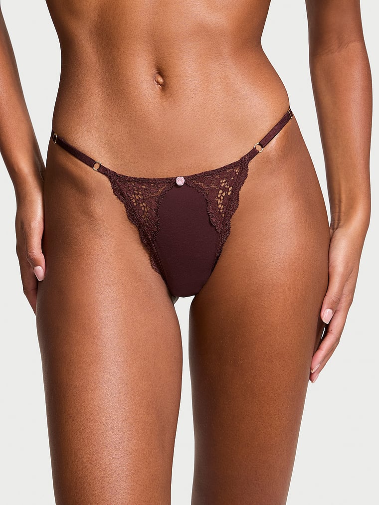 Tanga Regolabile Con Inserti In Pizzo, Burgundy Brown, large