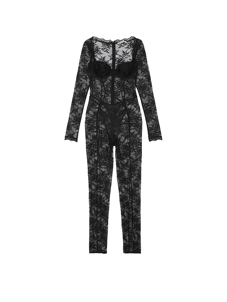 Catsuit A Balconcino In Pizzo Rose, BLACK, large