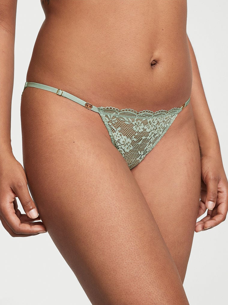 Lace Adjustable String Bikini Panty, Seasalt Green Shimmer, large