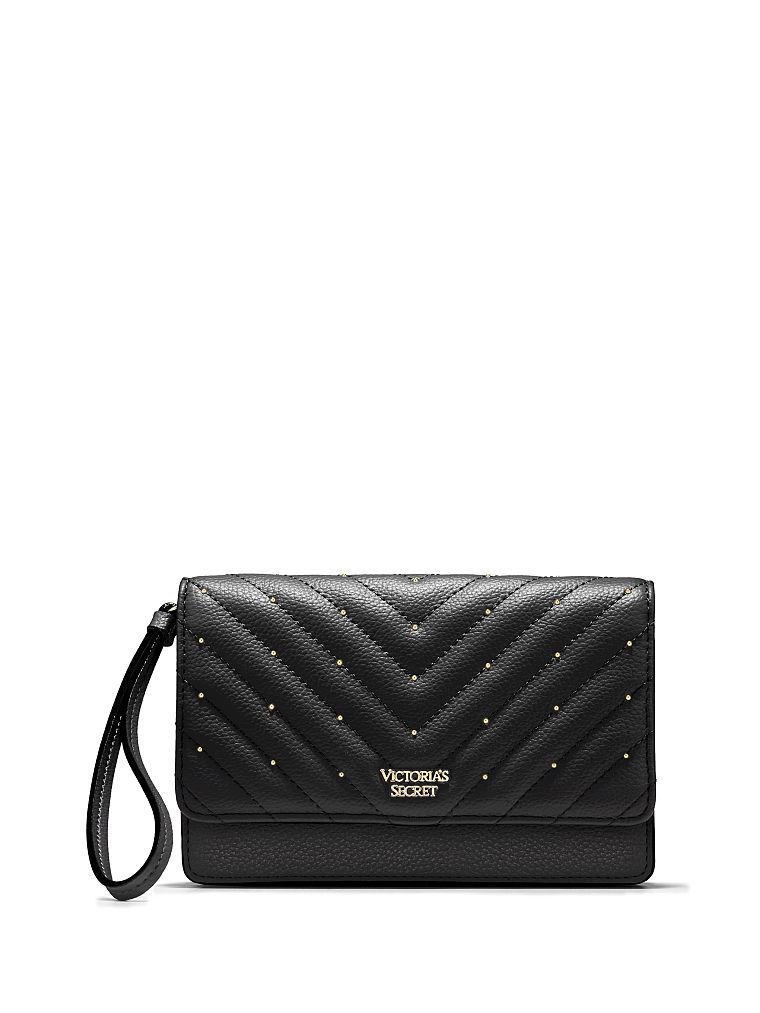 Pochette da polso in pelle trapuntata a V  con borchie, Black/Gold, large