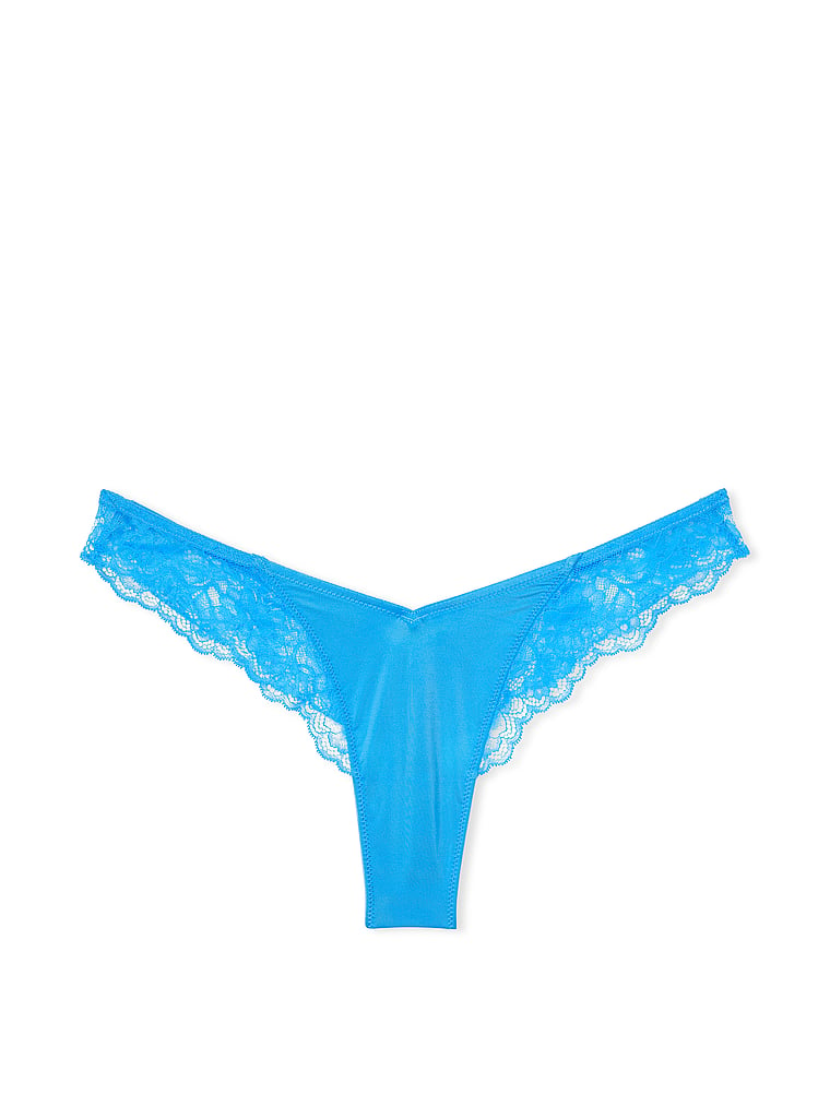 Tanga Sgambato Con Finiture In Pizzo Ornato Da Rose, Capri Blue, large