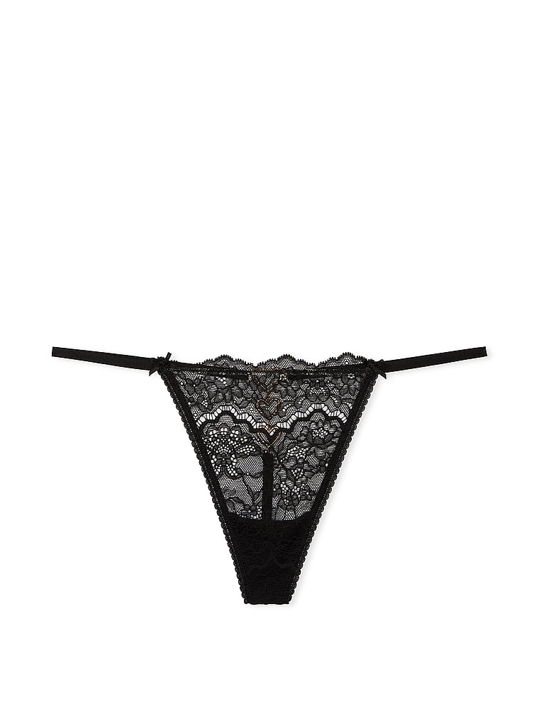 Tanga In Pizzo Con Cuori Metallici Luminosi, Black, large