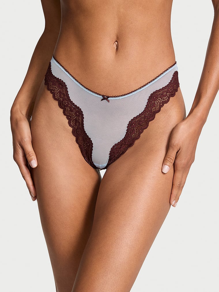 Tanga Sgambato In Mesh Tease Con Finiture In Pizzo, Light Blue, large