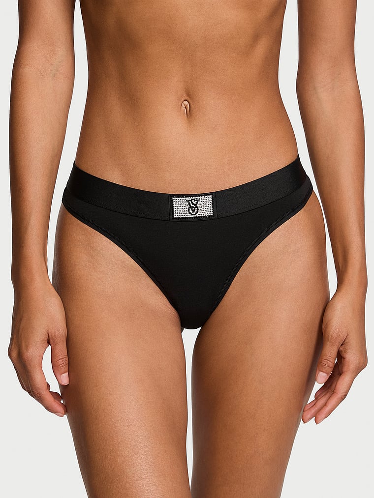 Tanga In Cotone Con Dettaglio Di Strass E Logo, Black, large