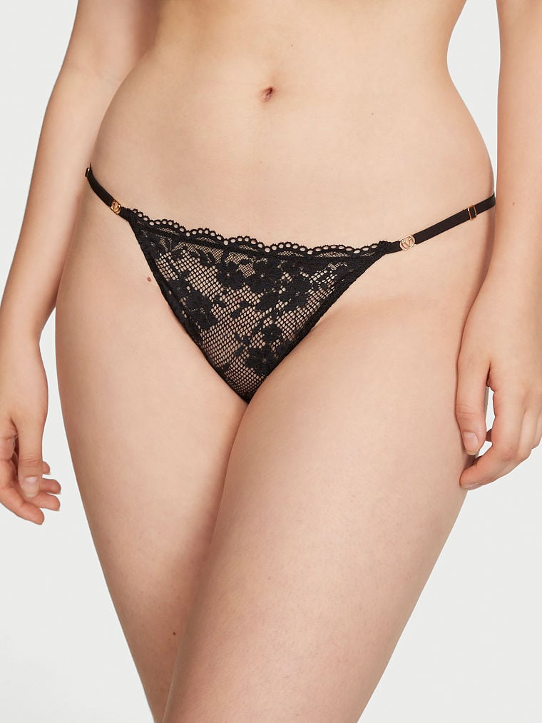 Tanga In Pizzo Con Fianchetti Regolabili, Black, large