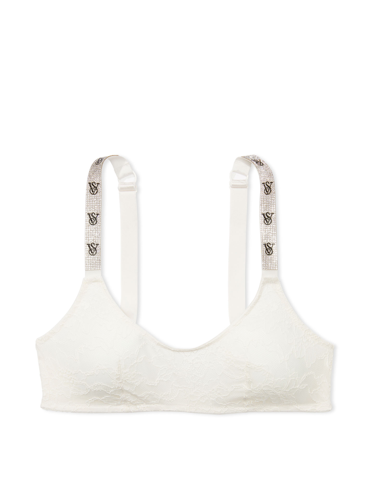 Bralette In Pizzo Con Scollatura Rotonda E Spalline Di Strass, COCONUT WHITE72Y 34Y5, large