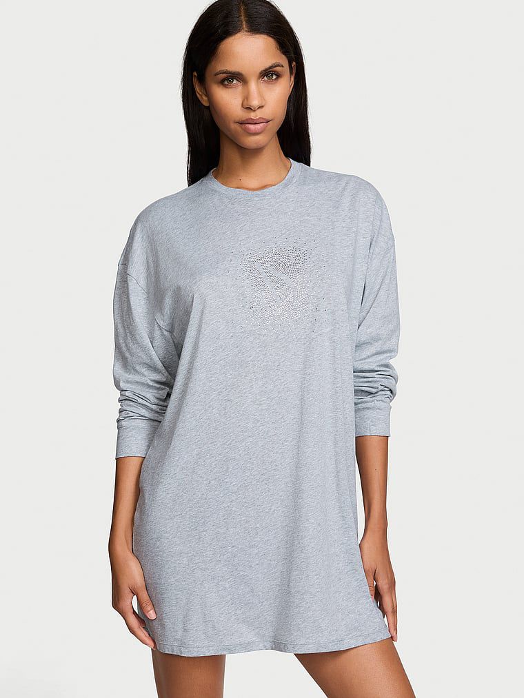 Camicia Da Notte A Maniche Lunghe 100% Cotone, Grey, large