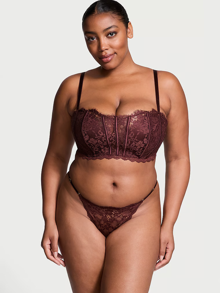 Reggiseno A Fascia Leggermente Imbottito Con Dettagli In Pizzo, Burgundy Brown, large