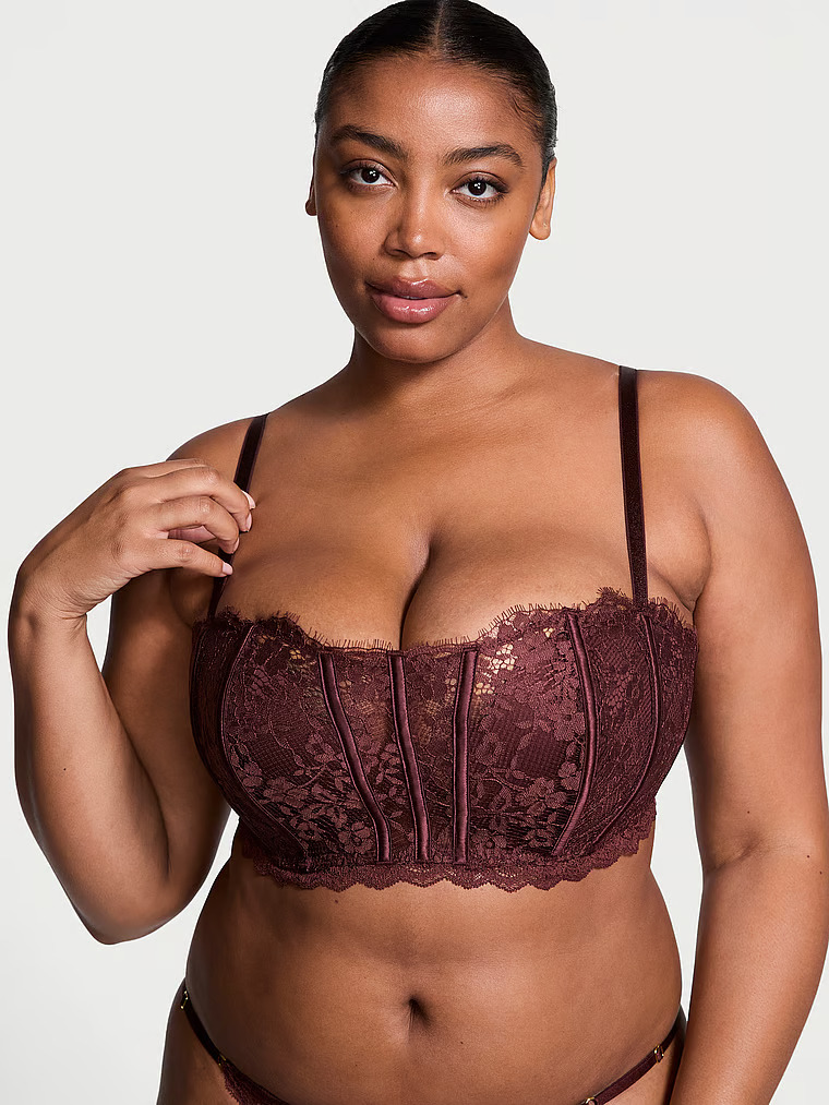 Reggiseno A Fascia Leggermente Imbottito Con Dettagli In Pizzo, Burgundy Brown, large