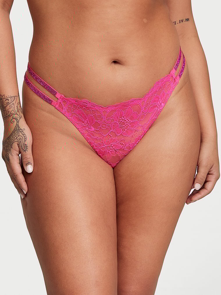 Tanga In Pizzo Con Fianchetti Doppi Brillanti, Forever Pink, large