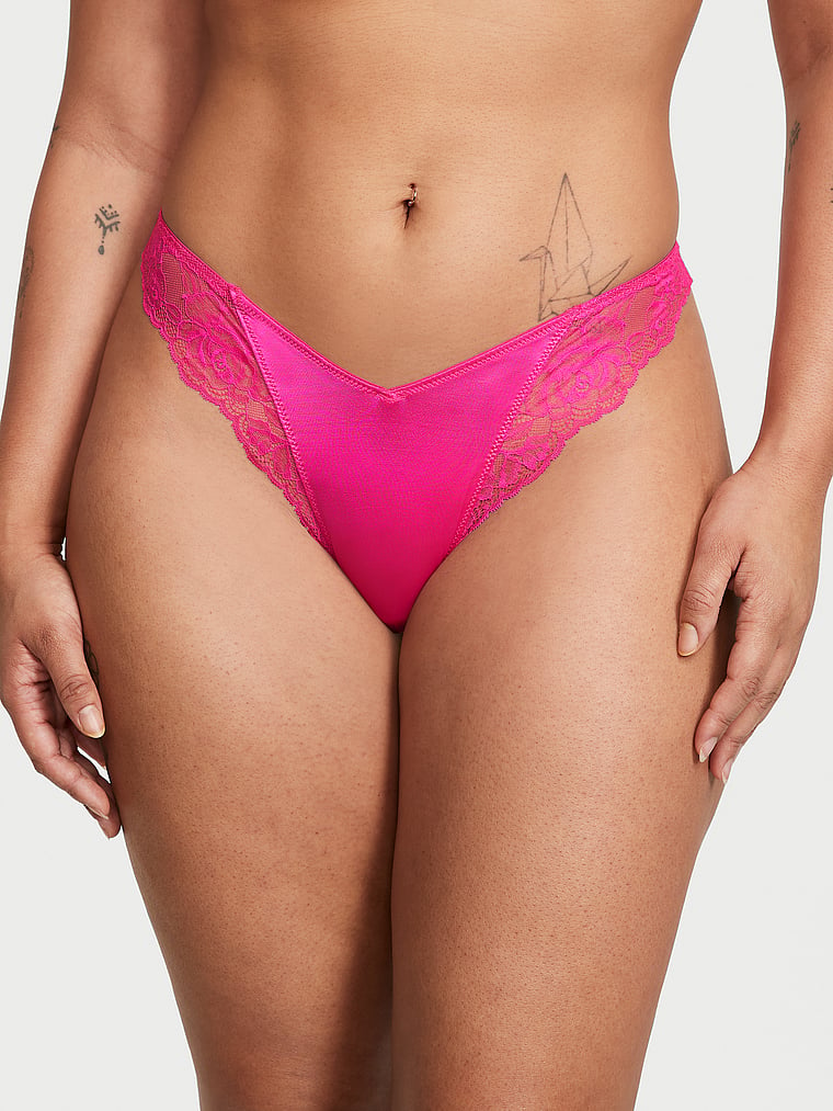 Tanga Sgambato Con Finiture In Pizzo Ornato Da Rose, Forever Pink, large