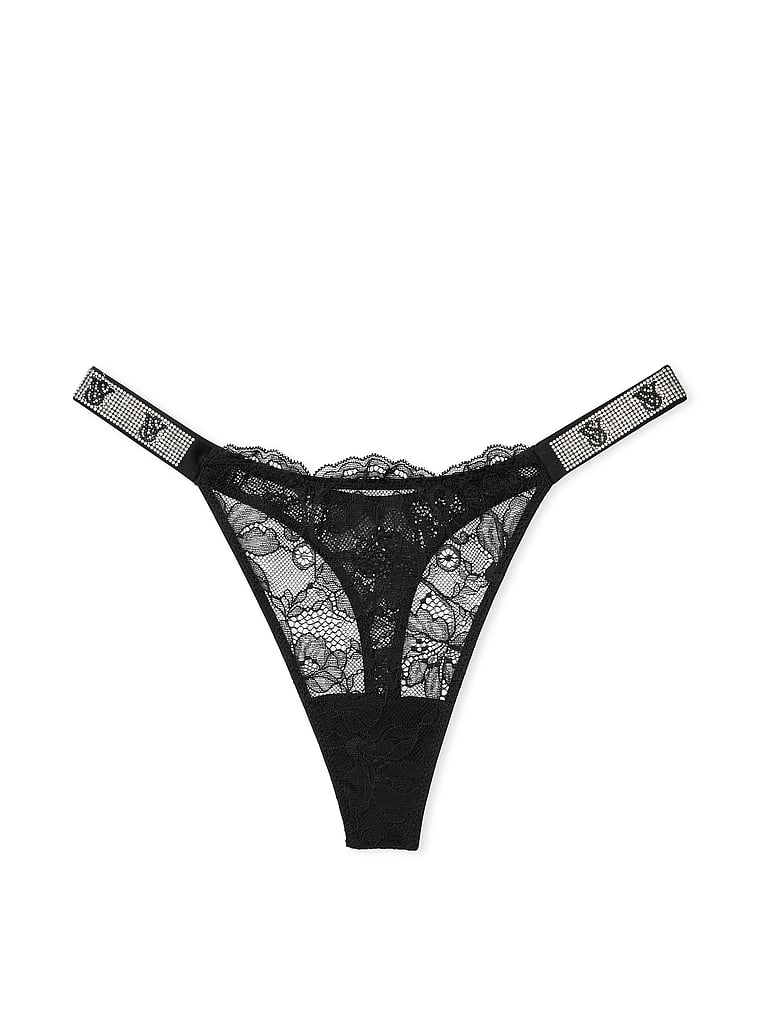 Tanga In Pizzo Con Fianchetti Di Strass, Black, large