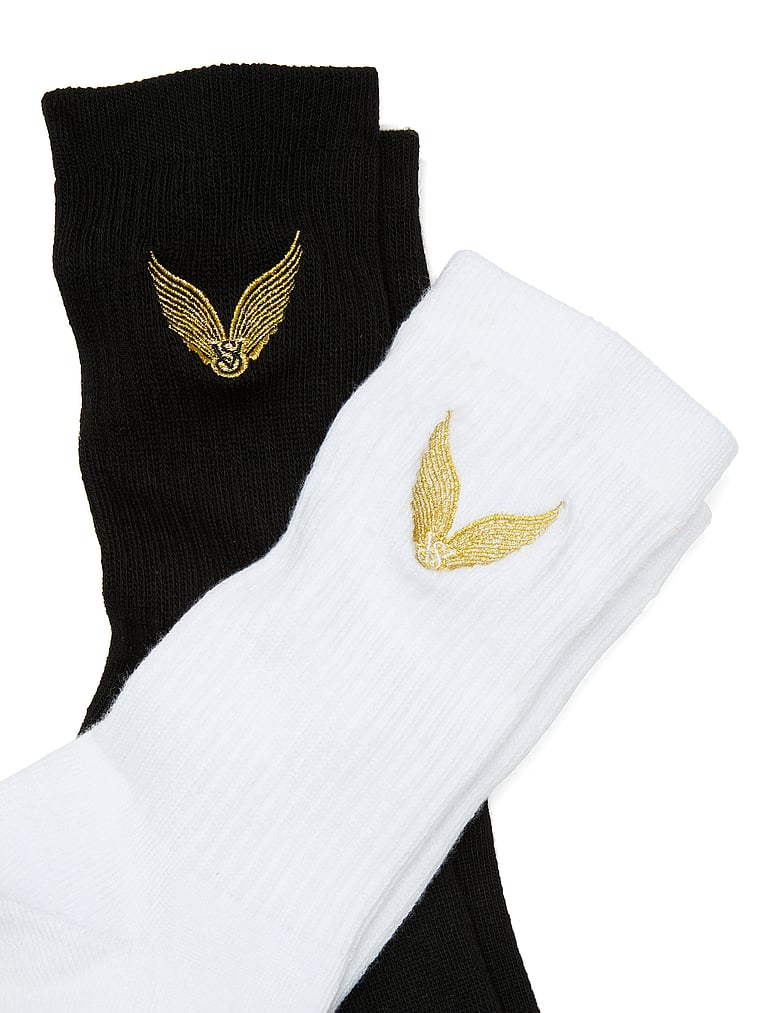 2-pack Slim Slouchy Crew Socks, Black and Coconut White Gold Wings, large