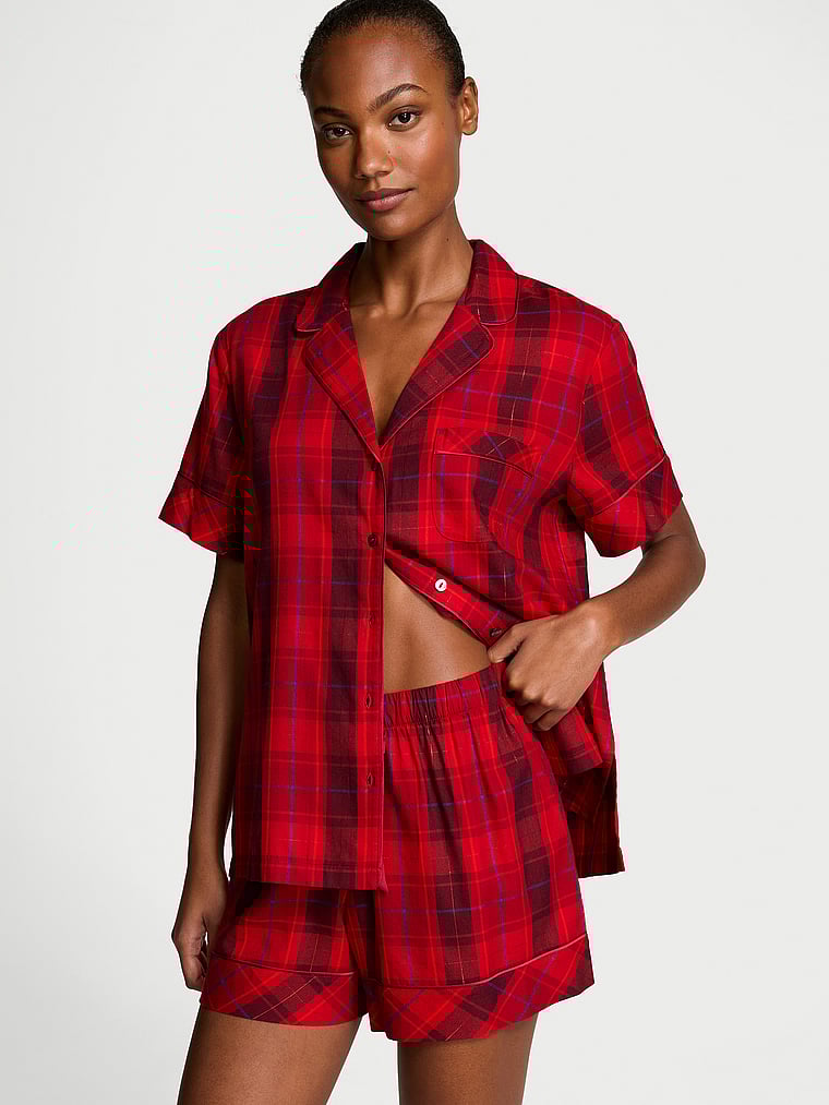 Pigiama Corto In Flanella, RED LAQUER  PLAID, large