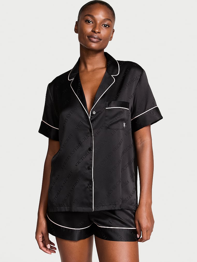 Pigiama Corto In Raso, BLACK, large