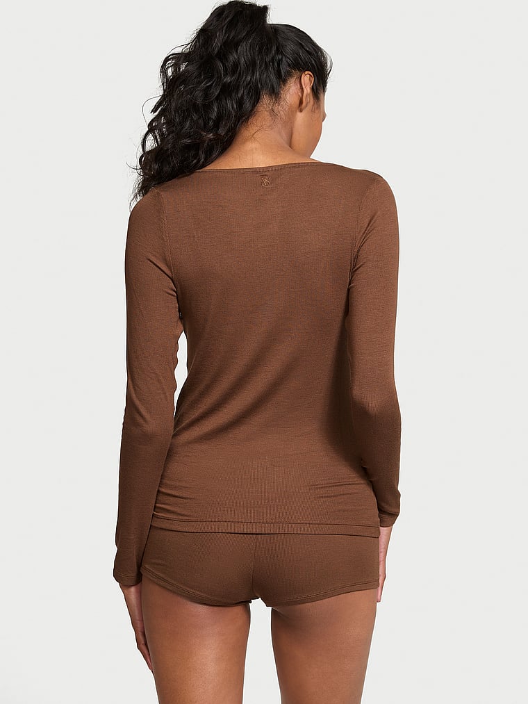 Ribbed Modal Scoop Long-sleeve Shortie Set, Mousse, large