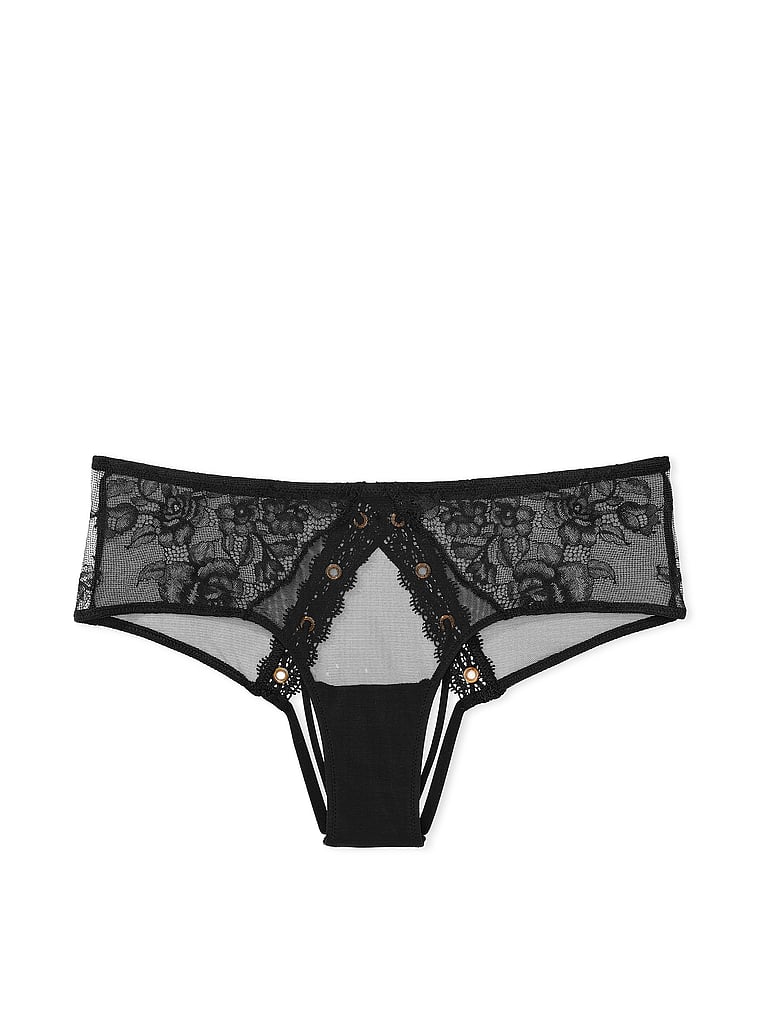 Rose Lace & Grommet Open-back Cheeky Panty, Black, large
