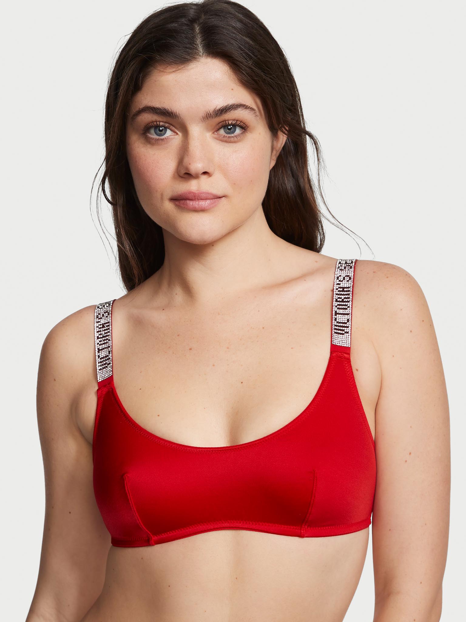 Bralette Con Scollatura Rotonda E Spalline Di Strass, Lipstick, large