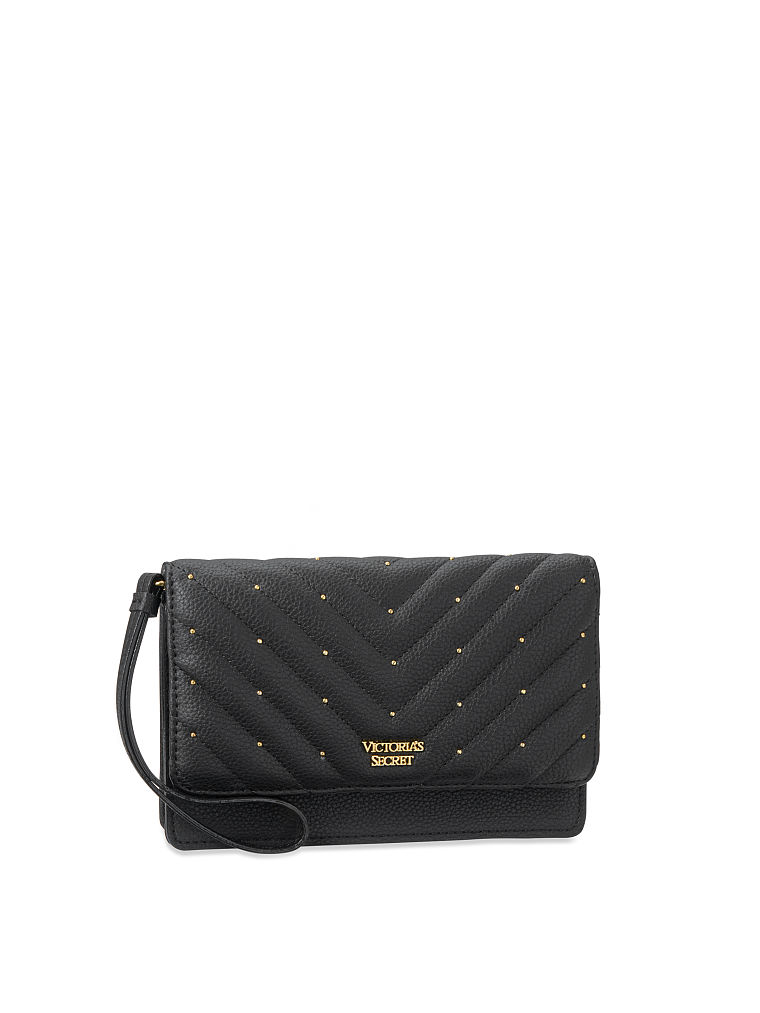 Pochette da polso in pelle trapuntata a V  con borchie, Black/Gold, large