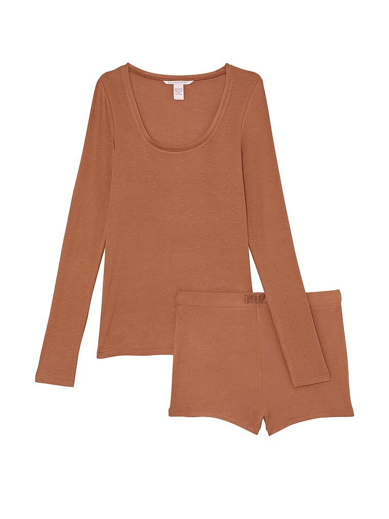 Ribbed Modal Scoop Long-sleeve Shortie Set, Caramel, large