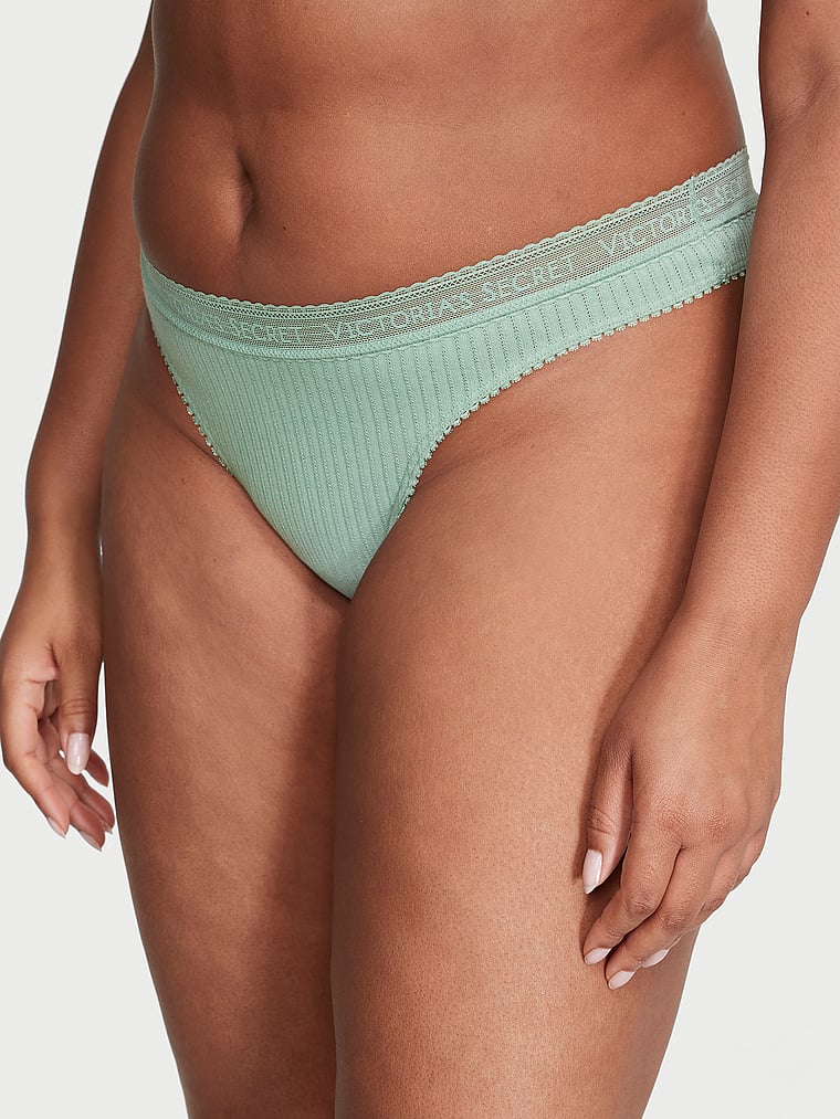 Tanga In Cotone Con Vita In Pizzo E Logo, Green, large