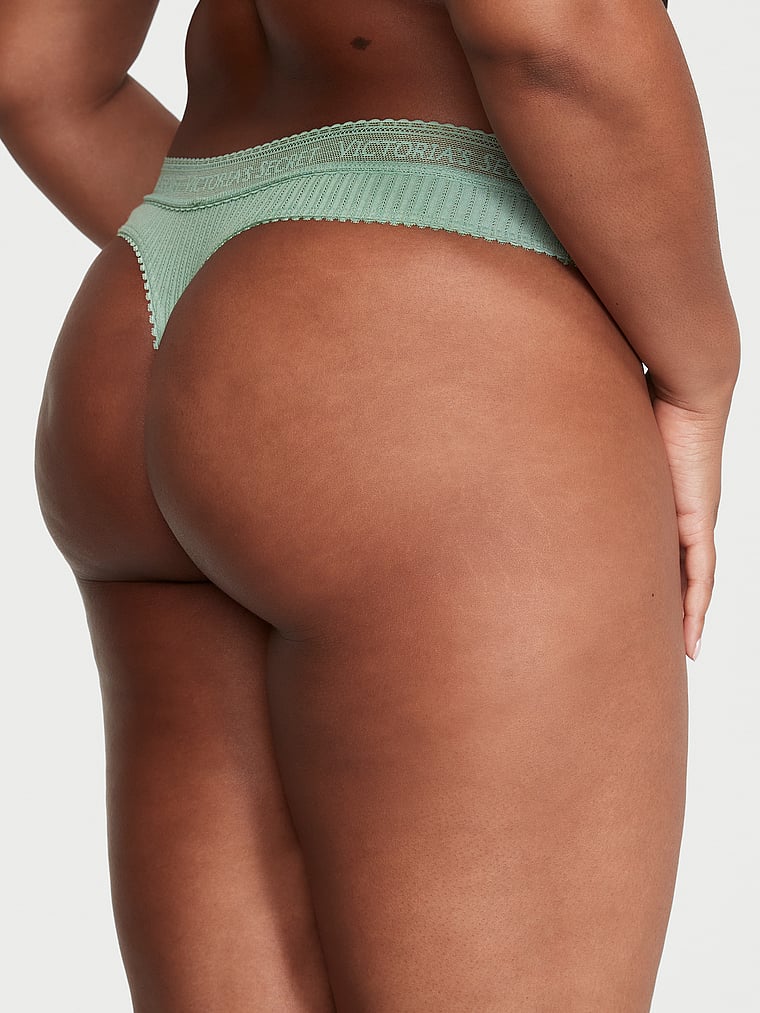 Tanga In Cotone Con Vita In Pizzo E Logo, Green, large