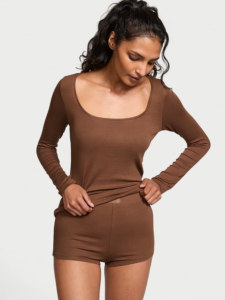 Ribbed Modal Scoop Long-sleeve Shortie Set, Mousse, large