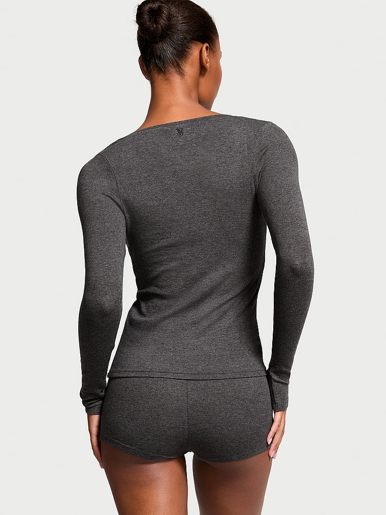 Ribbed Modal Scoop Long-sleeve Shortie Set, Heather Gray, large